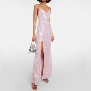 Staud Kezia Sequin Lace Trim Slip Slit Dress in Cherry Blossom Pink M NWT $495